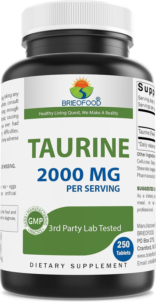 250 Tablets of Brieofood Taurine with 2000 mg per Serving - Certified Purity & Quality Tested by 3rd Party Lab