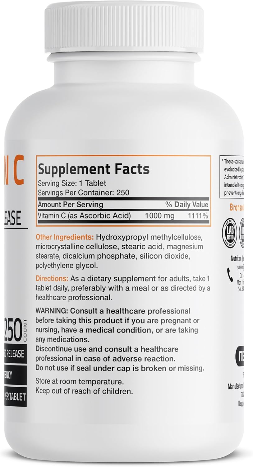 250 Tablets of Bronson Vitamin C 1000 mg Sustained Release - Premium Non-GMO Ascorbic Acid