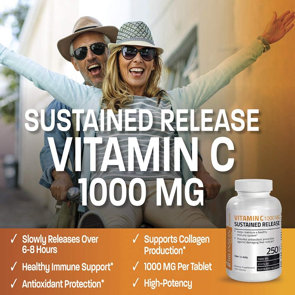 250 Tablets of Bronson Vitamin C 1000 mg Sustained Release - Premium Non-GMO Ascorbic Acid