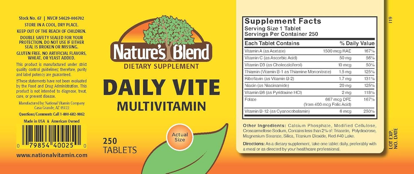 250 Tablets of Nature's Blend Daily Multivitamin Supplement for Overall Health and Wellness