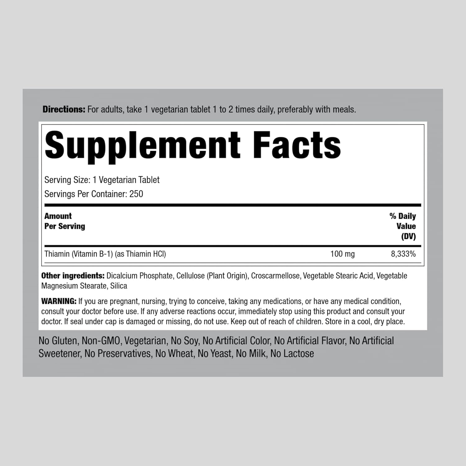 250 Tablets of Piping Rock Vitamin B1 100mg Thiamine Supplement - Vegetarian, Non-GMO, Gluten Free