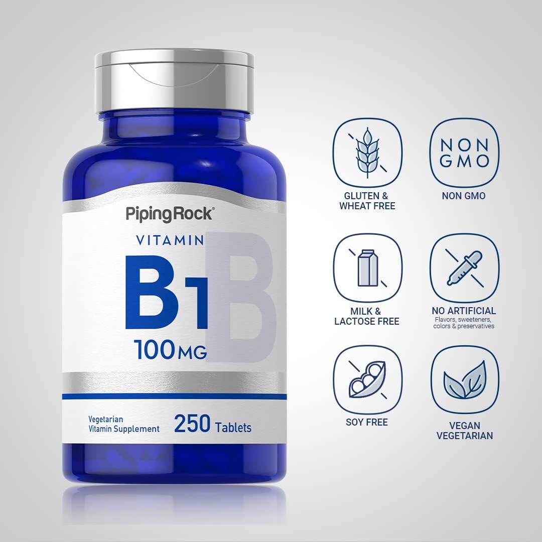 250 Tablets of Piping Rock Vitamin B1 100mg Thiamine Supplement - Vegetarian, Non-GMO, Gluten Free