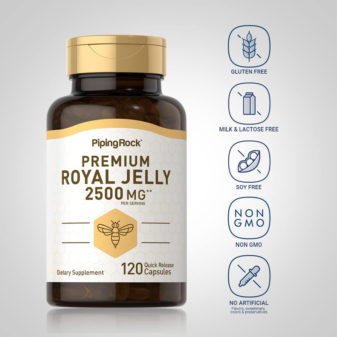 2500 mg Royal Jelly Capsules - 120 Count Non-GMO Gluten Free Supplement by Piping Rock