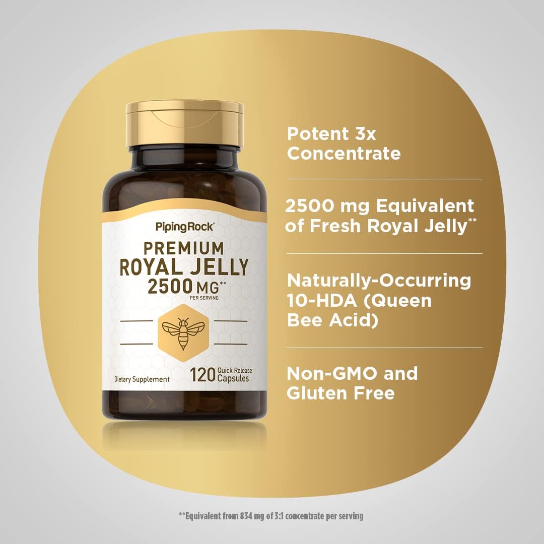 2500 mg Royal Jelly Capsules - 120 Count Non-GMO Gluten Free Supplement by Piping Rock