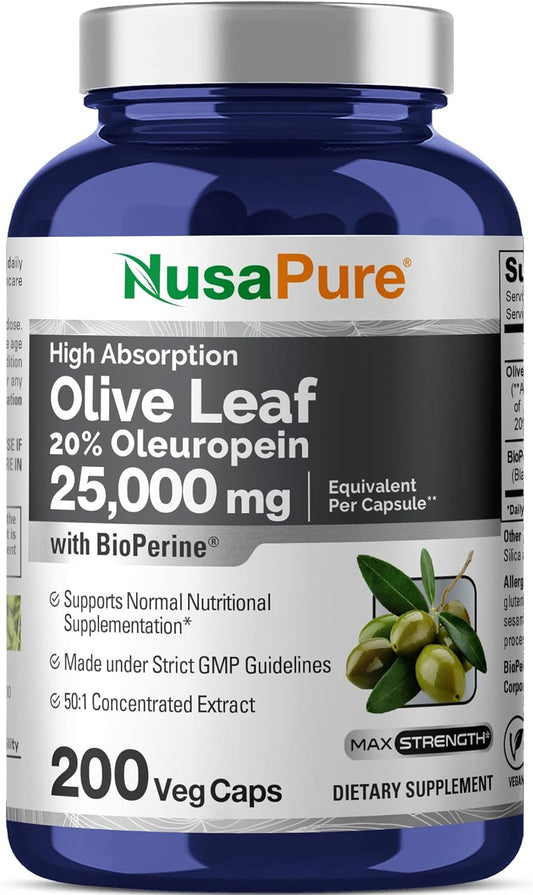 25,000mg Olive Leaf Extract Non-GMO with 20% Oleuropein - Super Strength Vegan Supplement without Oil