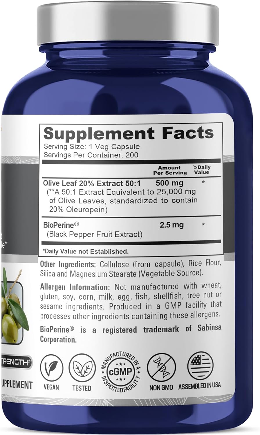 25,000mg Olive Leaf Extract Non-GMO with 20% Oleuropein - Super Strength Vegan Supplement without Oil