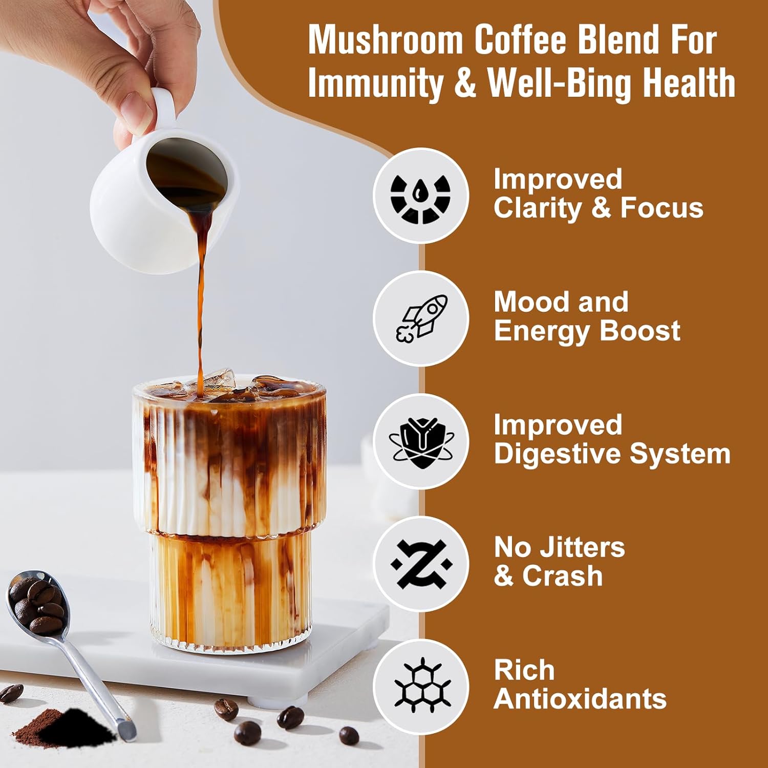 250g Mushroom Coffee Blend with Lions Mane, Reishi, Chaga, Cordyceps, Turkey Tail - Instant Coffee for Energy, Focus, Brain Booster - B BEWORTHS Mushroom Coffee