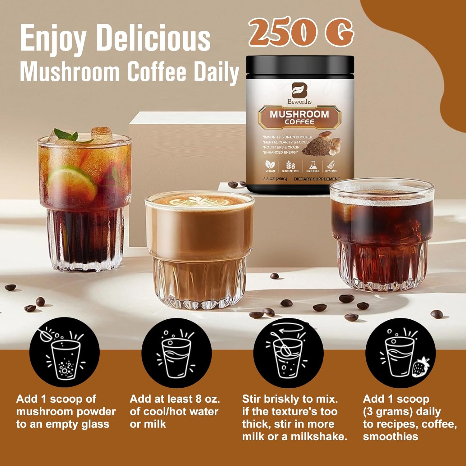 250g Mushroom Coffee Blend with Lions Mane, Reishi, Chaga, Cordyceps, Turkey Tail - Instant Coffee for Energy, Focus, Brain Booster - B BEWORTHS Mushroom Coffee