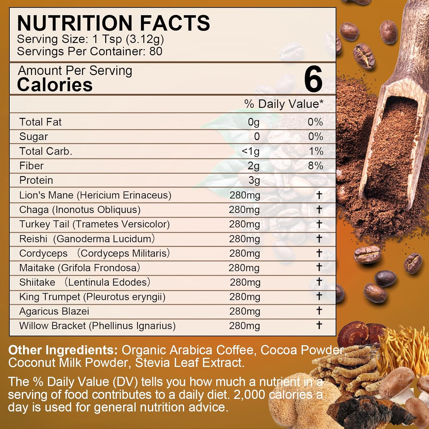 250g Mushroom Coffee Blend with Lions Mane, Reishi, Chaga, Cordyceps, Turkey Tail - Instant Coffee for Energy, Focus, Brain Booster - B BEWORTHS Mushroom Coffee