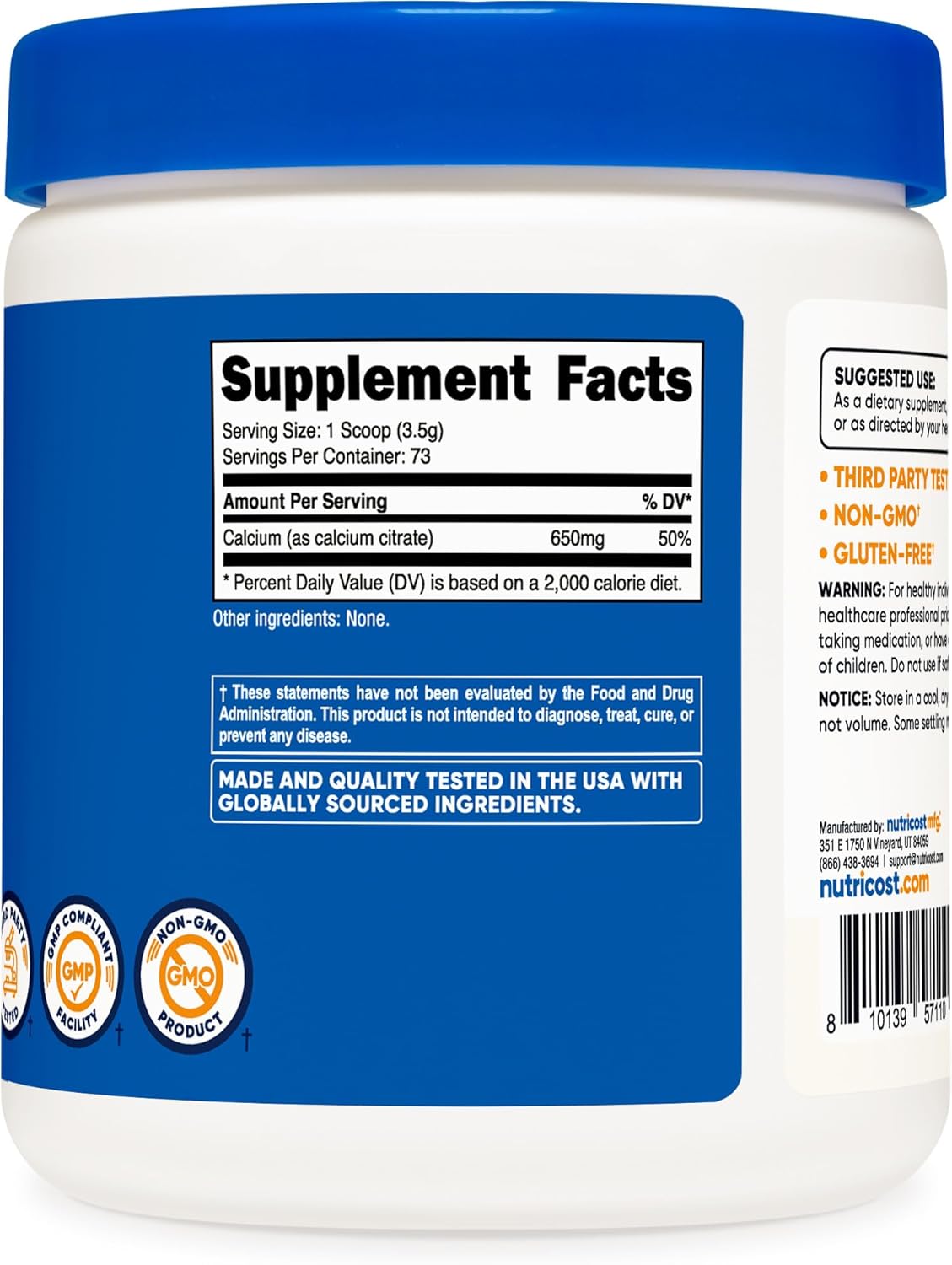 250g Nutricost Calcium Citrate Powder - Unflavored Supplement