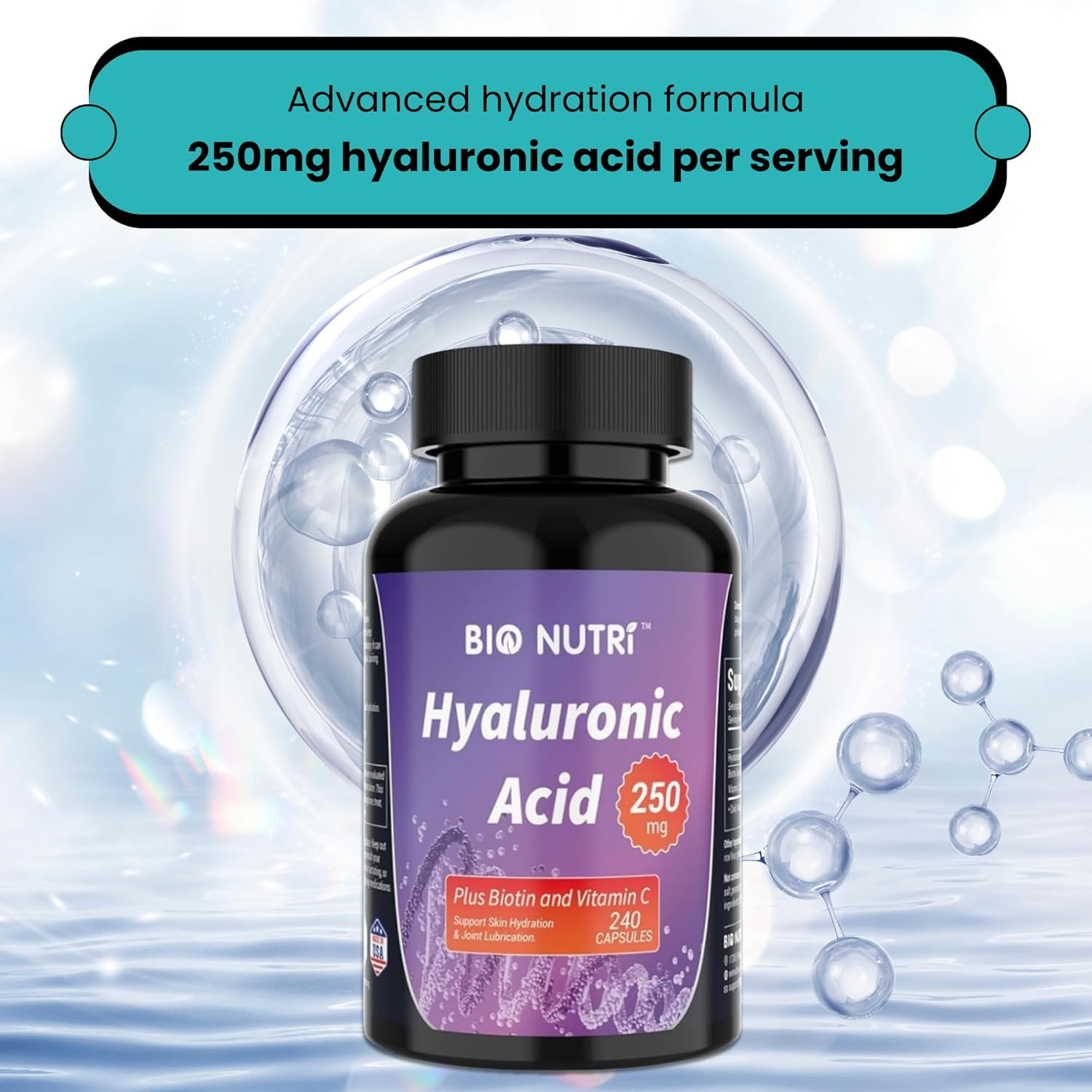 250mg Pure Hyaluronic Acid Capsules with Vitamin C & Biotin for Skin, Hair, and Joint Support - 240 Count