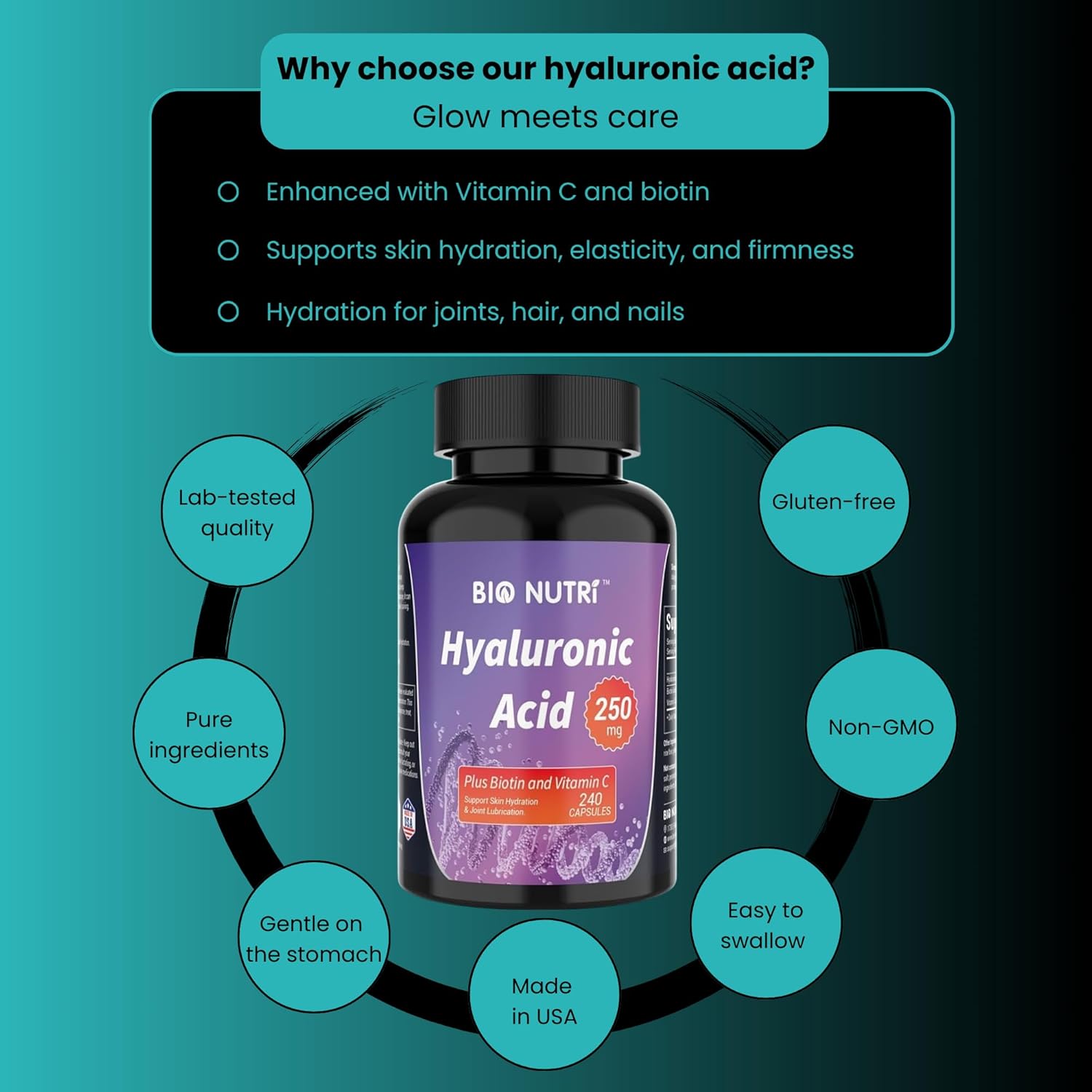 250mg Pure Hyaluronic Acid Capsules with Vitamin C & Biotin for Skin, Hair, and Joint Support - 240 Count