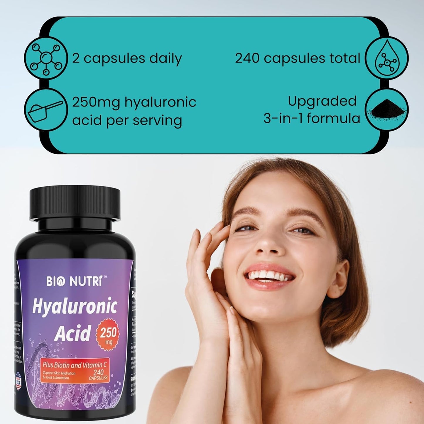 250mg Pure Hyaluronic Acid Capsules with Vitamin C & Biotin for Skin, Hair, and Joint Support - 240 Count
