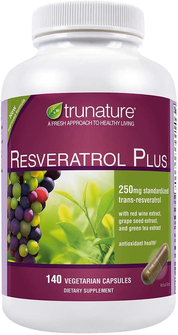 250mg TruNature Resveratrol Plus - 140 Vegetarian Capsules, High-Quality Trans-Resveratrol Formula