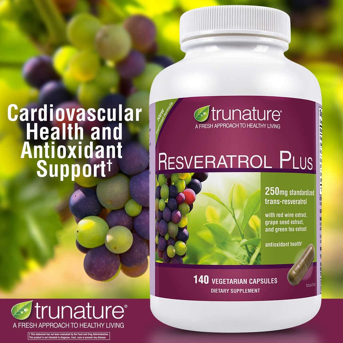 250mg TruNature Resveratrol Plus - 140 Vegetarian Capsules, High-Quality Trans-Resveratrol Formula