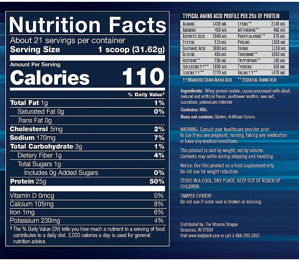 25g Protein BodyTech Whey Isolate Powder for Post-Workout Muscle Growth - Rich Chocolate Flavor, 1.5 lb.