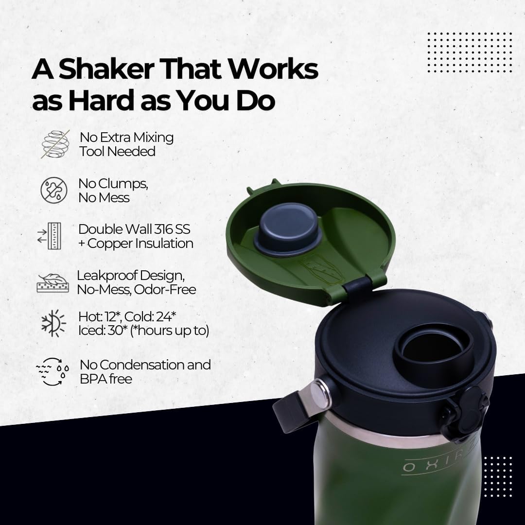 26oz Double Wall Stainless Steel Shaker Bottle - Ideal for Protein Shakes, Smoothies, Cocktails - Leak-Proof, Copper-Insulated, BPA-Free - No Mixing Tools Needed