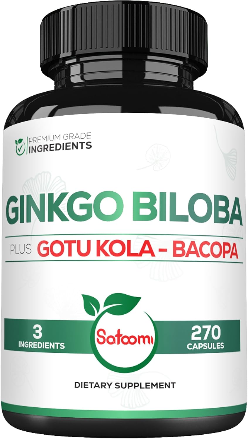 270 Capsules of Satoomi Ginkgo Biloba Supplements with Gotu Kola and Bacopa Monnieri - Extra Strength Brain Health Support for Memory, Focus, and Vision - 3 Month Supply
