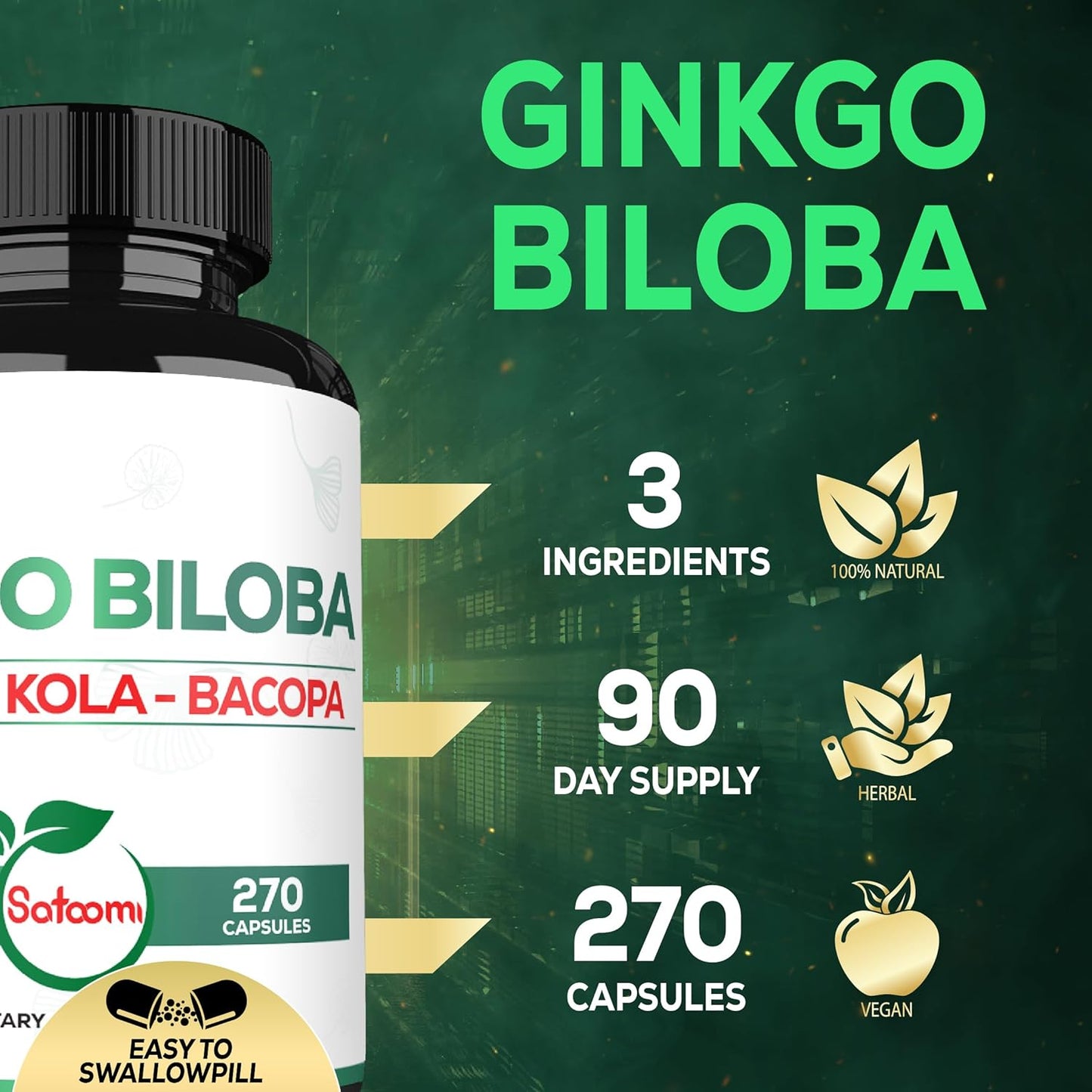 270 Capsules of Satoomi Ginkgo Biloba Supplements with Gotu Kola and Bacopa Monnieri - Extra Strength Brain Health Support for Memory, Focus, and Vision - 3 Month Supply