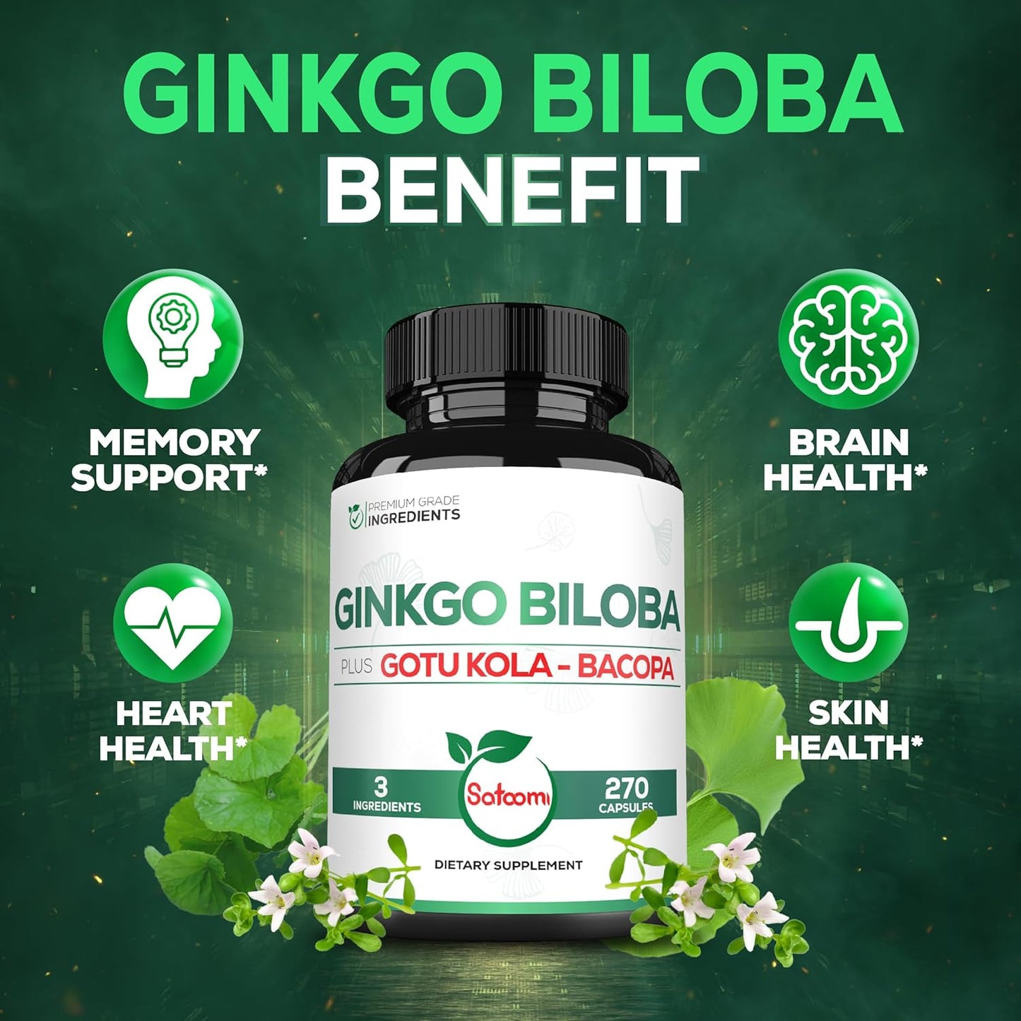 270 Capsules of Satoomi Ginkgo Biloba Supplements with Gotu Kola and Bacopa Monnieri - Extra Strength Brain Health Support for Memory, Focus, and Vision - 3 Month Supply
