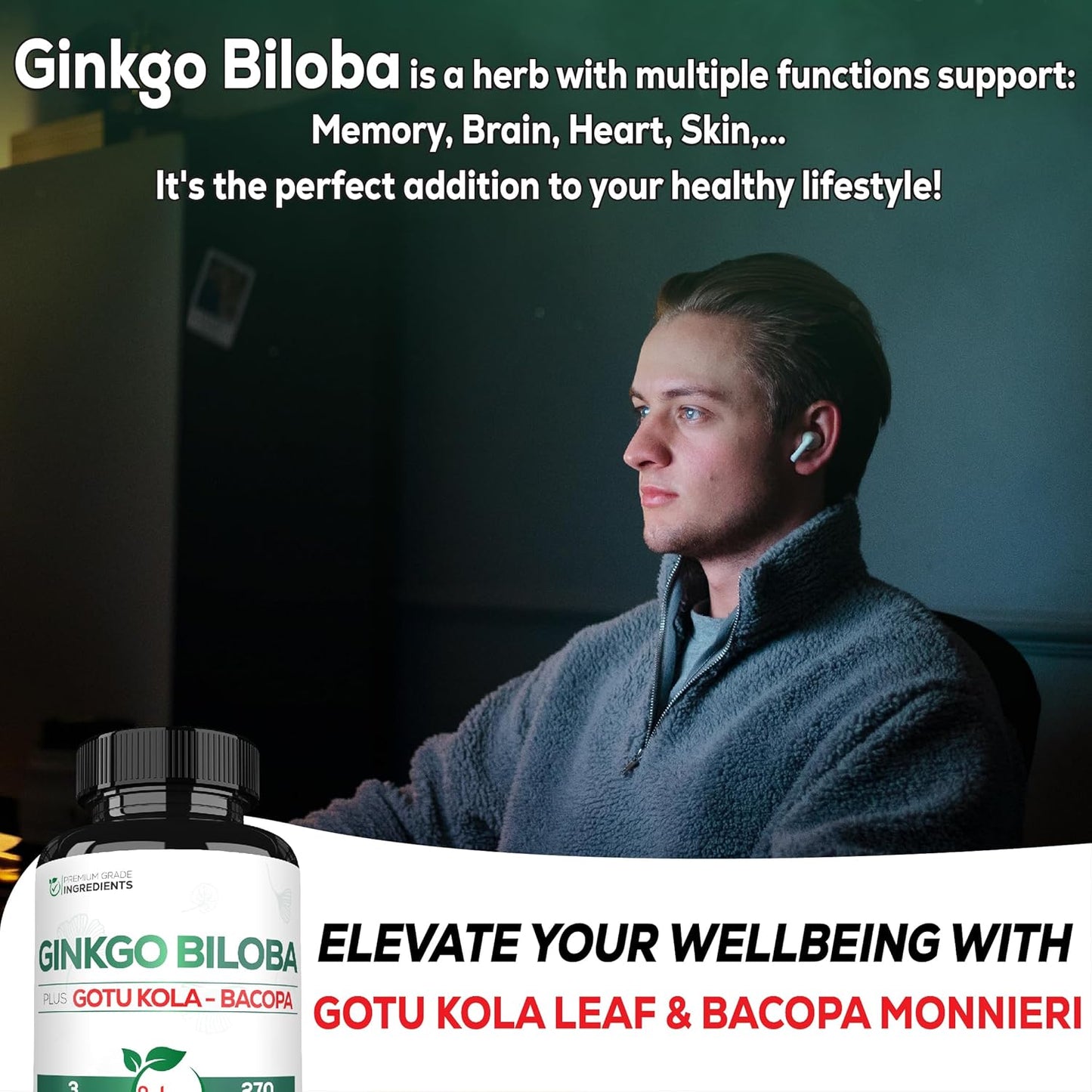 270 Capsules of Satoomi Ginkgo Biloba Supplements with Gotu Kola and Bacopa Monnieri - Extra Strength Brain Health Support for Memory, Focus, and Vision - 3 Month Supply