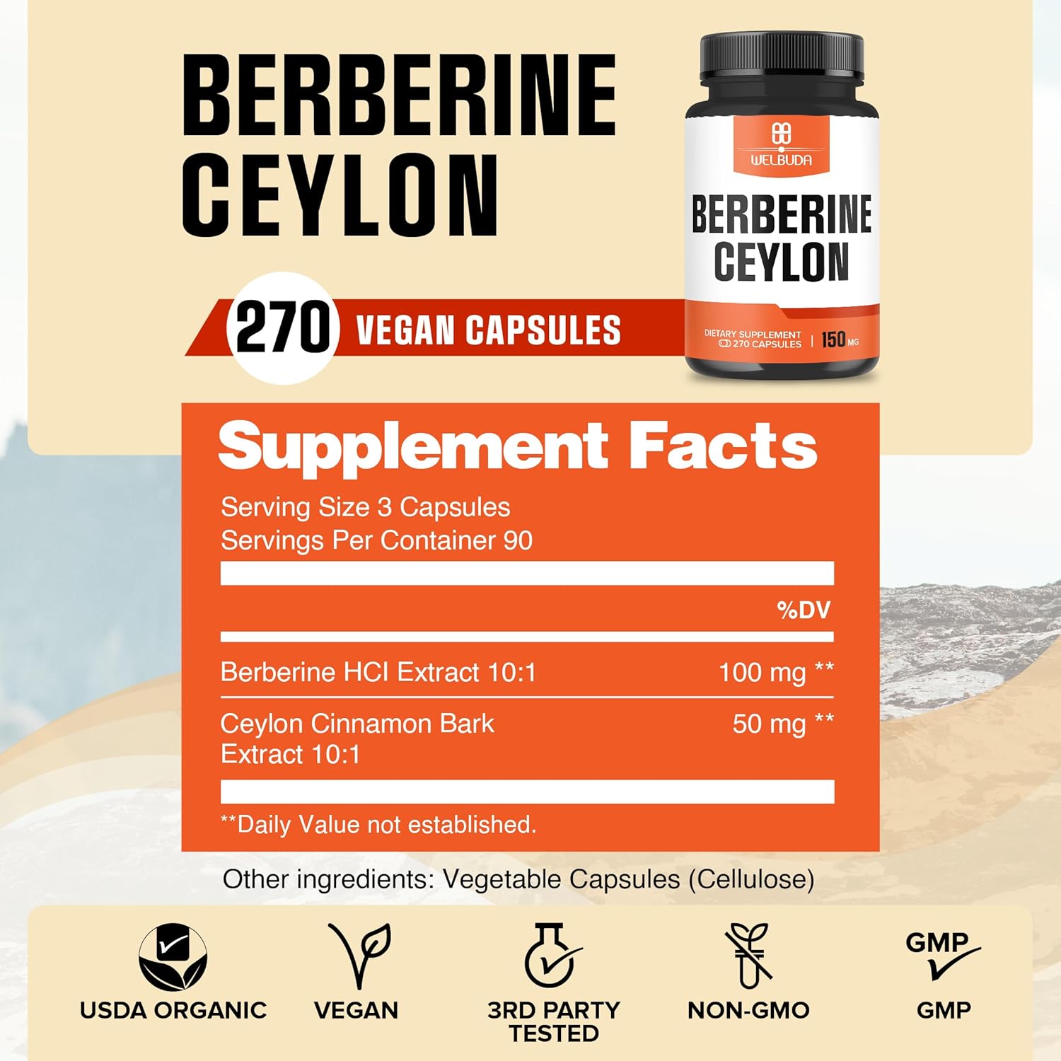 270 Capsules of WELBUDA Berberine & Ceylon Cinnamon Supplement - 1000mg Berberine & 500mg Ceylon Cinnamon - Promotes Circulatory Health, Immune System, Digestion & Body Management