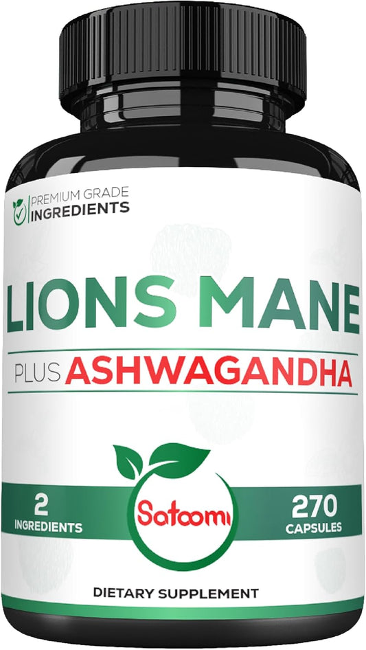 270 High Concentrated Lions Mane and Ashwagandha Capsules for Brain Health, Focus, and Immune Support - Gluten-Free and Non-GMO