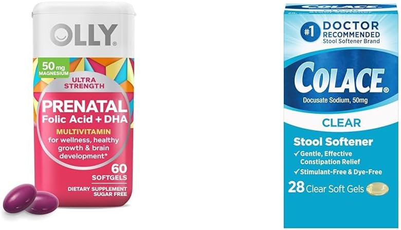 28 Count OLLY Ultra Strength Prenatal Multivitamin Softgels with Brain Development Support and Colace Clear Stool Softener Capsules