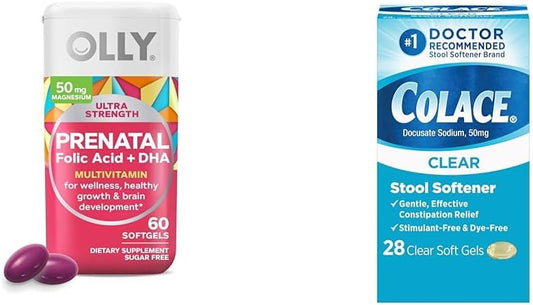 28 Count OLLY Ultra Strength Prenatal Multivitamin Softgels with Brain Development Support and Colace Clear Stool Softener Capsules