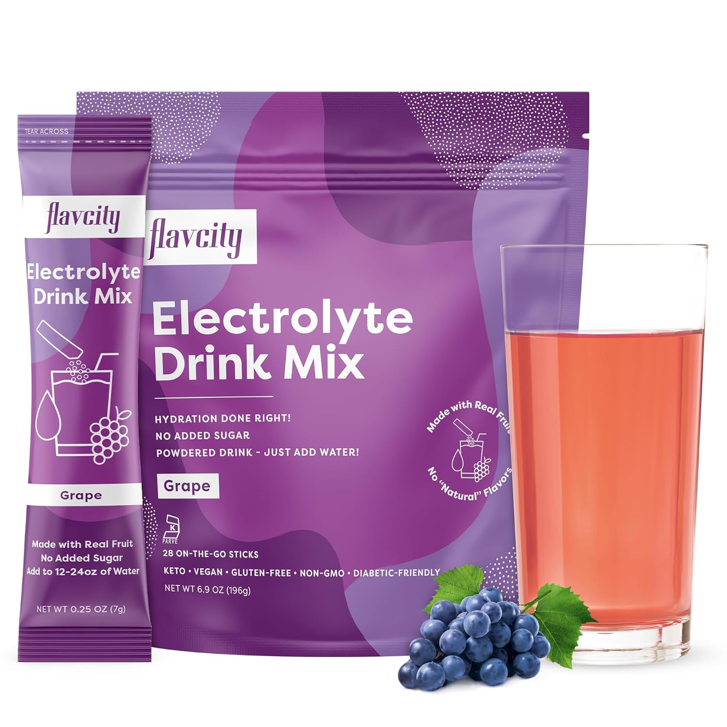 28 Packets of FlavCity Grape Electrolytes Drink Mix - On-The-Go Healthy Powdered Drink with Real Fruit, No Sugar, Keto & Gluten-Free