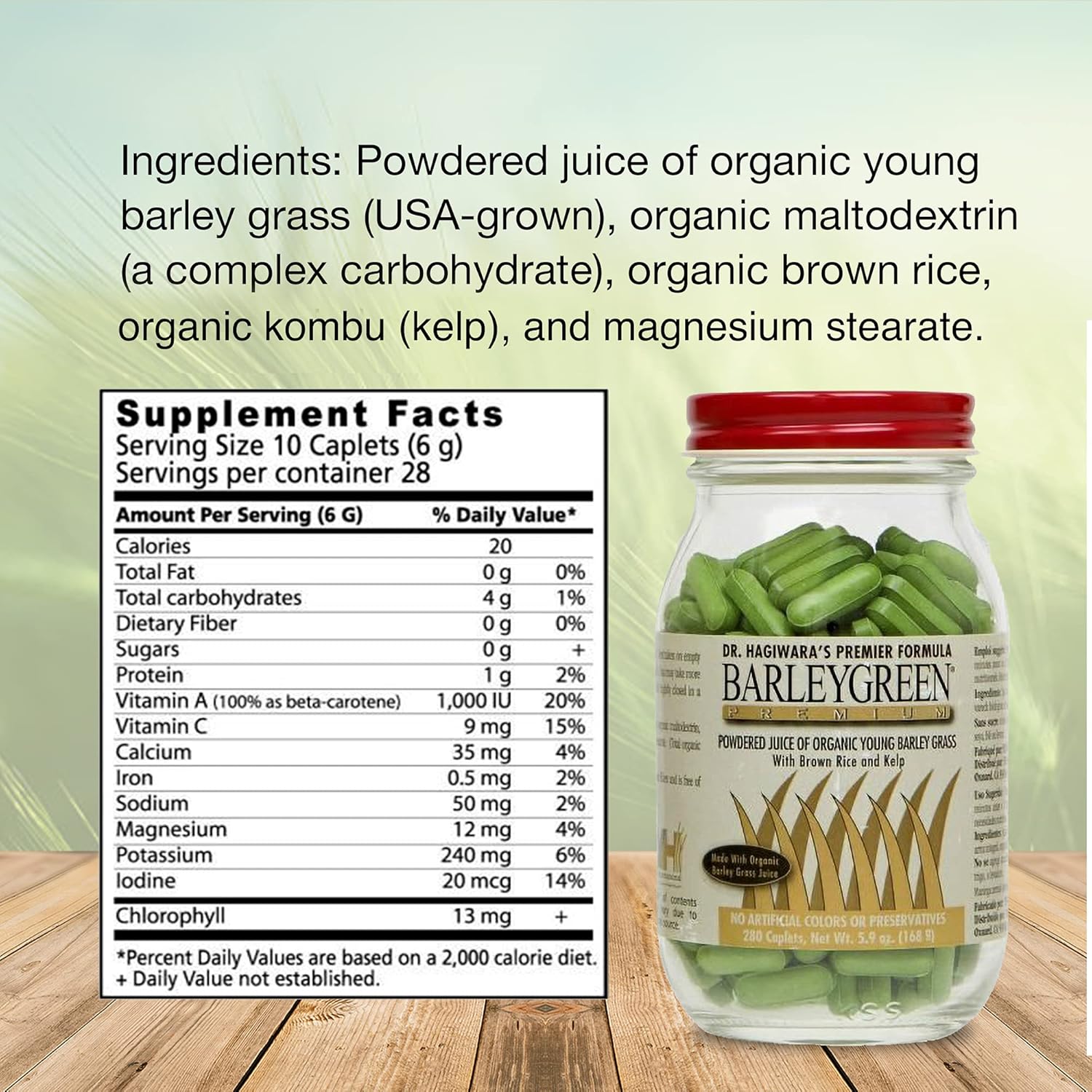 280 Caplets of Dr. Hagiwara's BarleyGreen Premium Vegetable Supplement with Kelp and Brown Rice