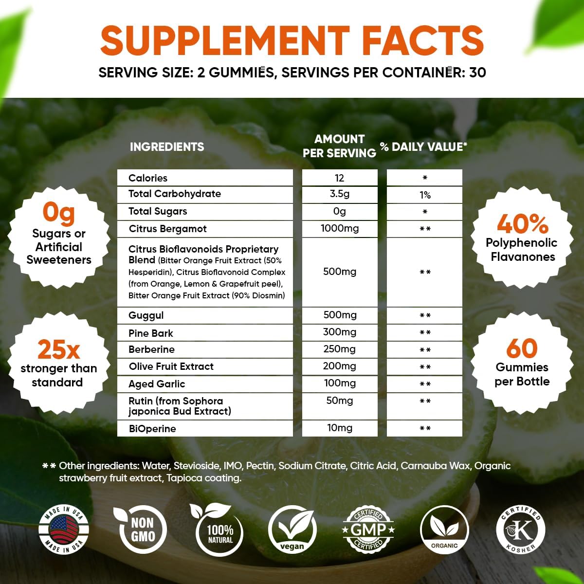 2900mg Citrus Bergamot Gummies for Immune Support & Healthy Aging with Guggul & Pine Bark - Italy Sourced, USA Made - 60 ct.