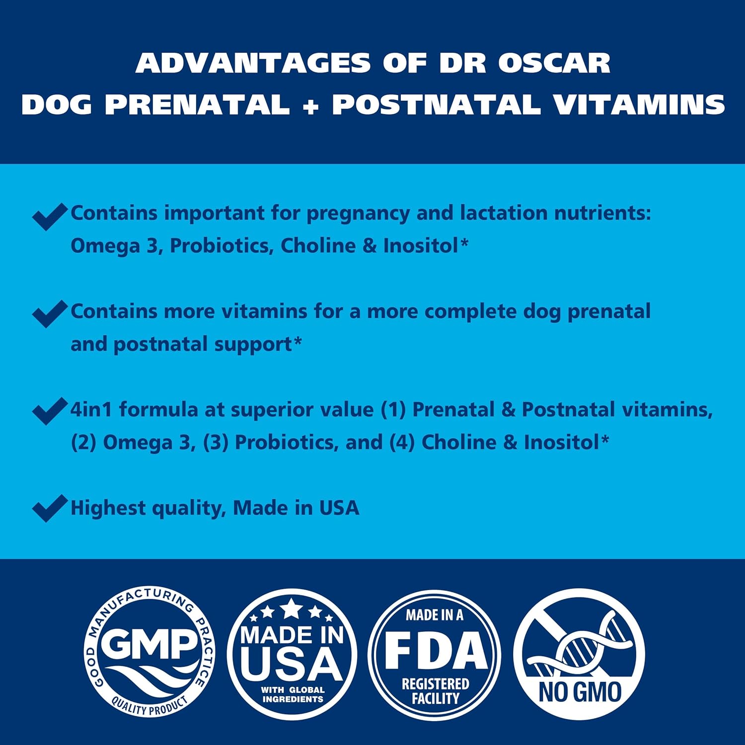 2in1 Dog Prenatal and Postnatal Vitamins with Folic Acid, Omega 3, Probiotics - 90 Tablets