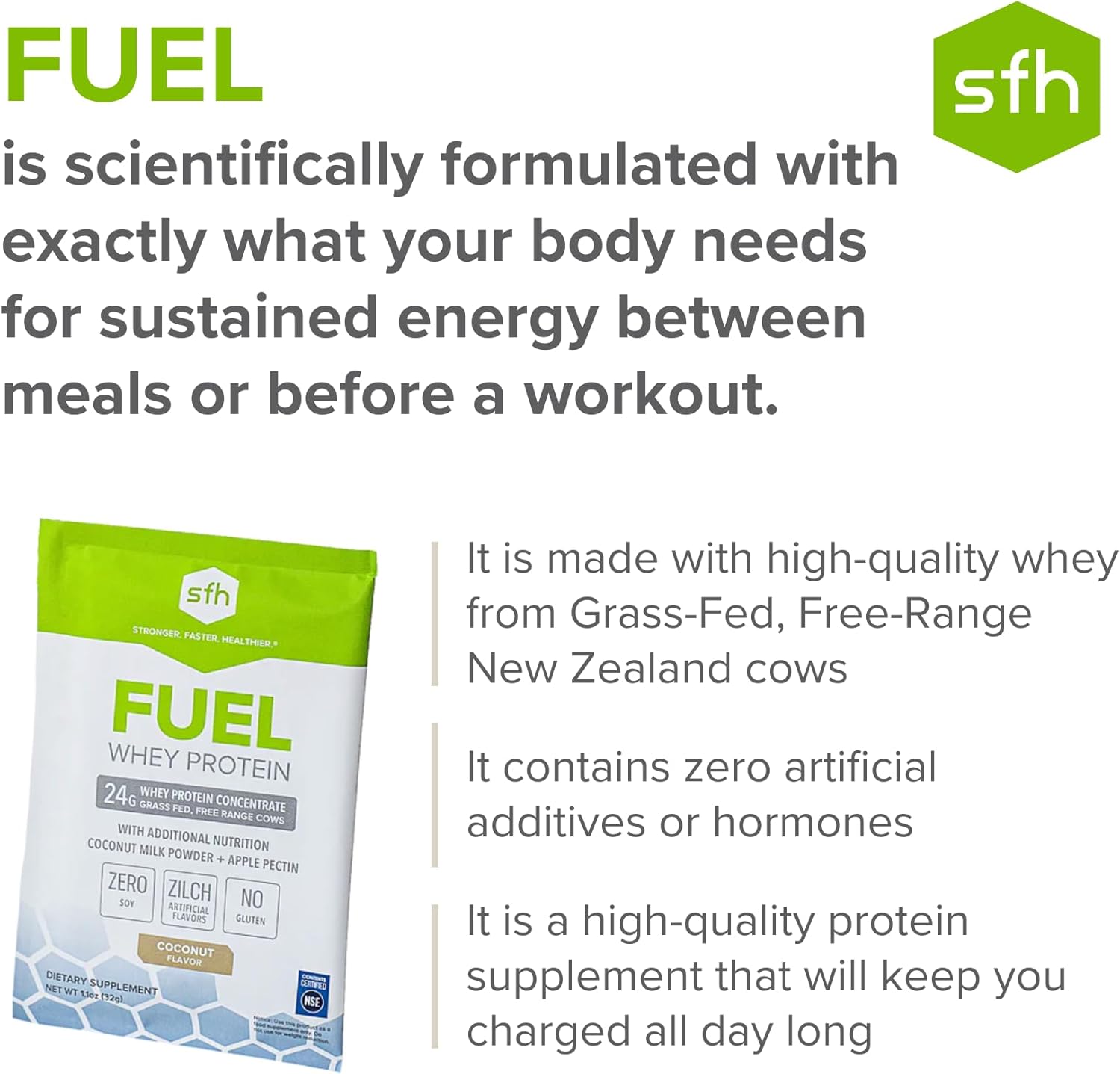 2lb Bag of SFH Fuel Grass Fed Whey Protein Powder with MCTs & Fiber - All Natural, Soy Free, Gluten Free, No RBST, Coconut Flavor
