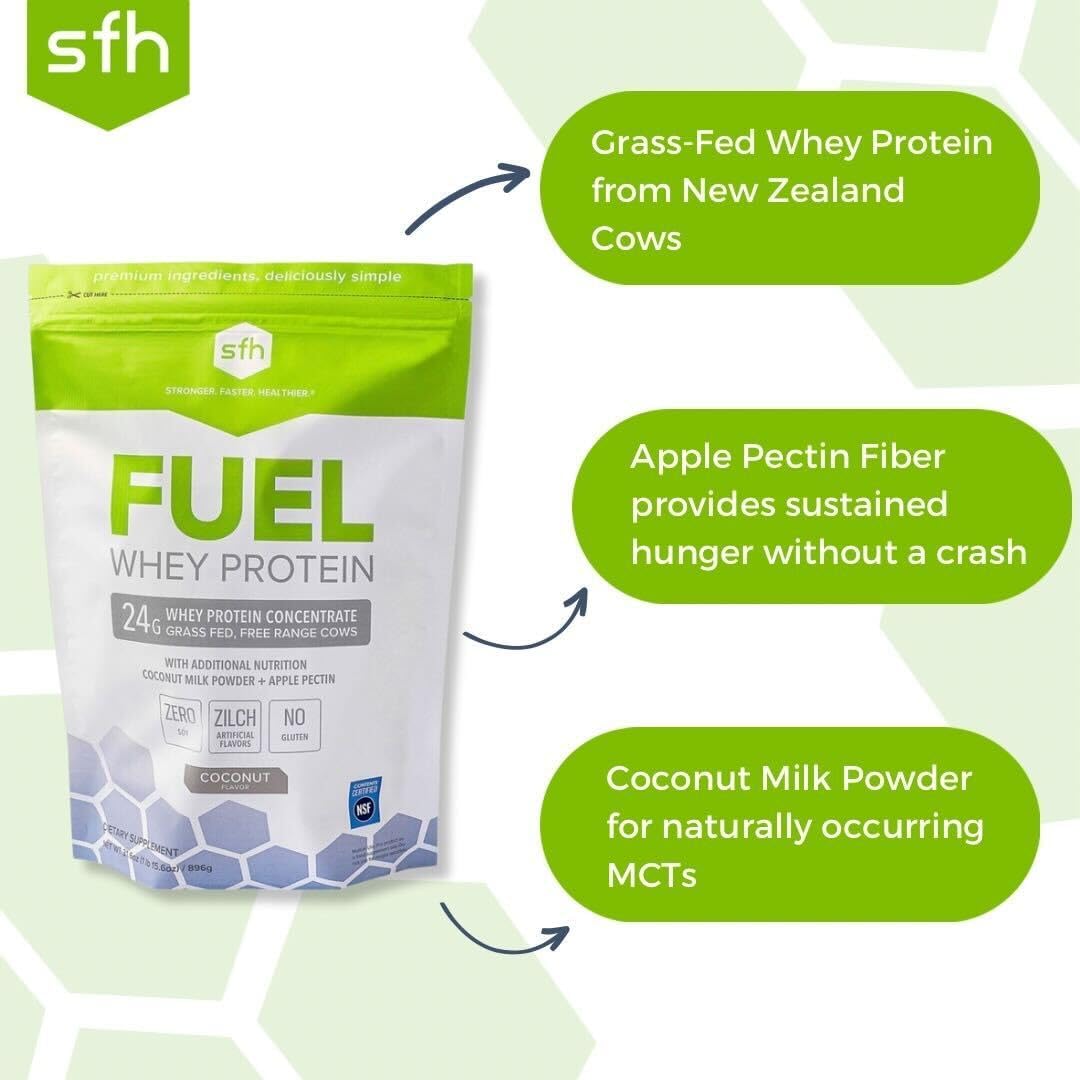 2lb Bag of SFH Fuel Grass Fed Whey Protein Powder with MCTs & Fiber - All Natural, Soy Free, Gluten Free, No RBST, Coconut Flavor