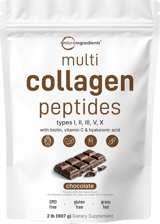 2lb Chocolate Collagen Protein Powder with Biotin, Hyaluronic Acid, Vitamin C - Multi-Type Collagen Peptides - Keto & Paleo Friendly, Easy Dissolve