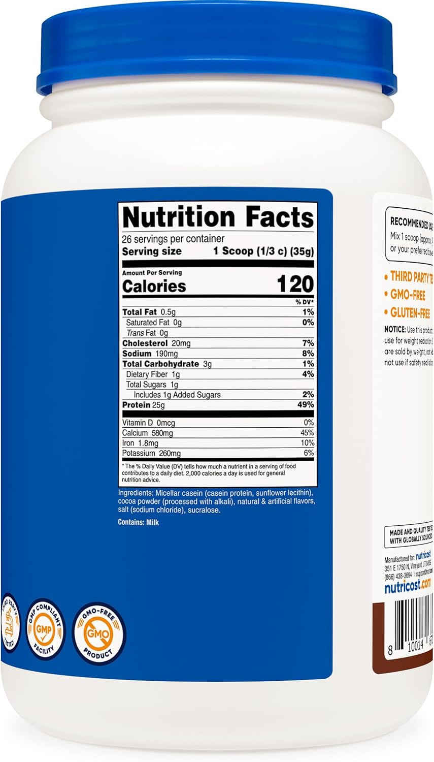 2lb Chocolate Nutricost Casein Protein Powder - Micellar Casein, Gluten Free, Non-GMO Formula