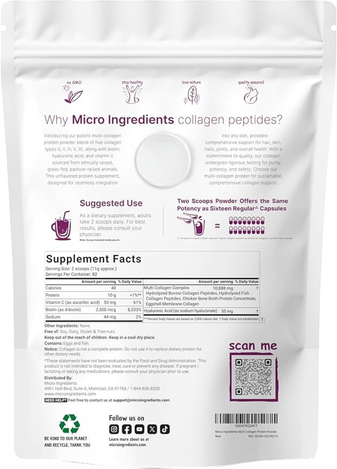 2lb Montue Multi Collagen Protein Powder with Biotin, Hyaluronic Acid, Vitamin C - Unflavored Peptides - Keto & Paleo Friendly, Non-GMO - Type I, II, III, V, X - Easy Dissolve