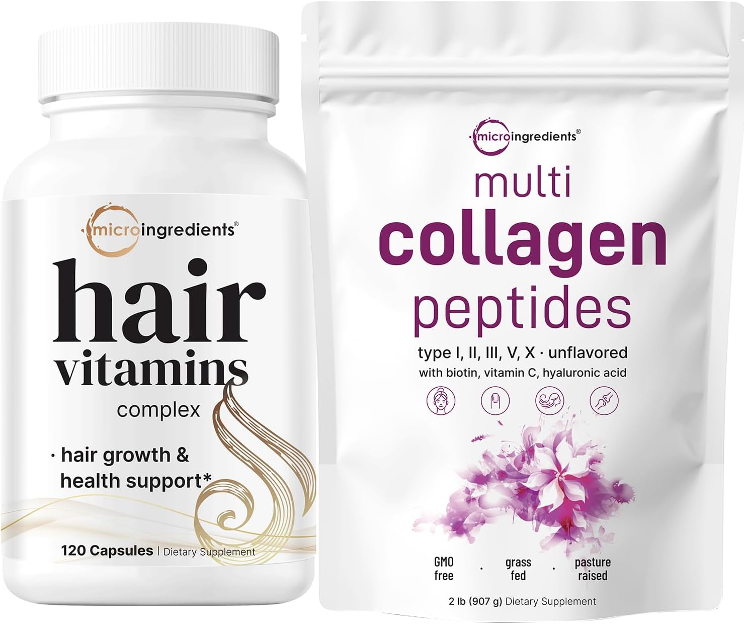 2lb Multi Collagen Protein Powder & Hair Vitamins Capsules Bundle | Grass-Fed Peptides | Advanced Hair Growth Support Formula