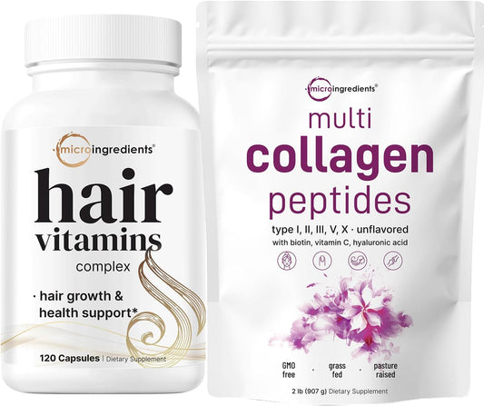 2lb Multi Collagen Protein Powder & Hair Vitamins Capsules Bundle | Grass-Fed Peptides | Advanced Hair Growth Support Formula