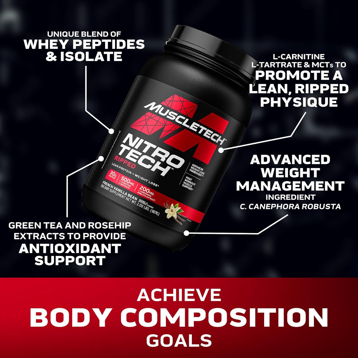 2LB Muscletech Nitro-Tech Ripped Whey Protein Isolate & Peptides Smoothie Mix - French Vanilla Bean Flavor for Fast Recovery & Lean Muscle - 30g Whey Protein Powder for Men & Women
