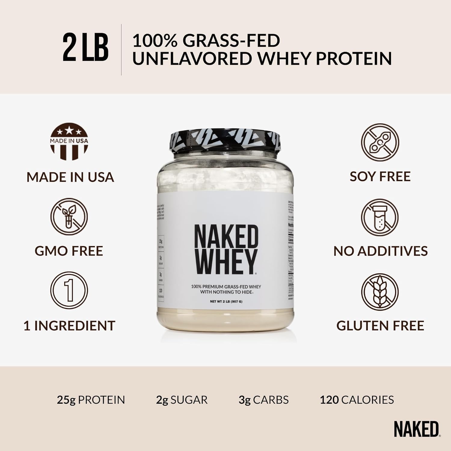 2LB Naked Nutrition Grass-Fed Whey Protein Powder - Pure Unflavored Protein, Non-GMO, Gluten & Soy Free - BoostGo Australia