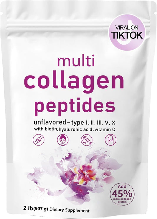 2LB NutraNourish Multi Collagen Peptides Powder - Type I II III V X, Unflavored, Gluten-Free for Hair Skin Nails Joints, Keto Friendly, Easy Dissolve - Overall Health Support