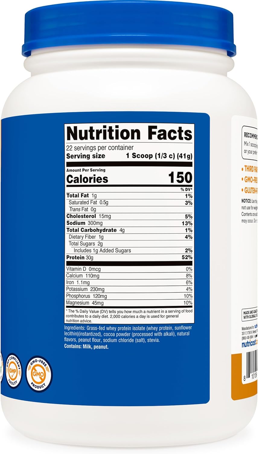 2LB Nutricost Grass-Fed Whey Protein Isolate (Chocolate Peanut Butter) - Non-GMO, Gluten Free, Natural Flavors