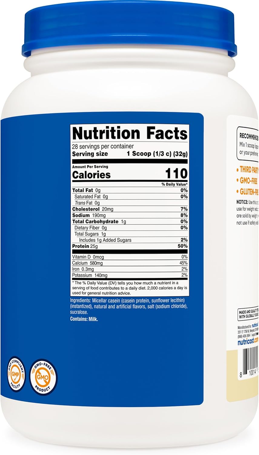 2lb Nutricost Vanilla Micellar Casein Protein Powder - Gluten Free, Non-GMO Formula