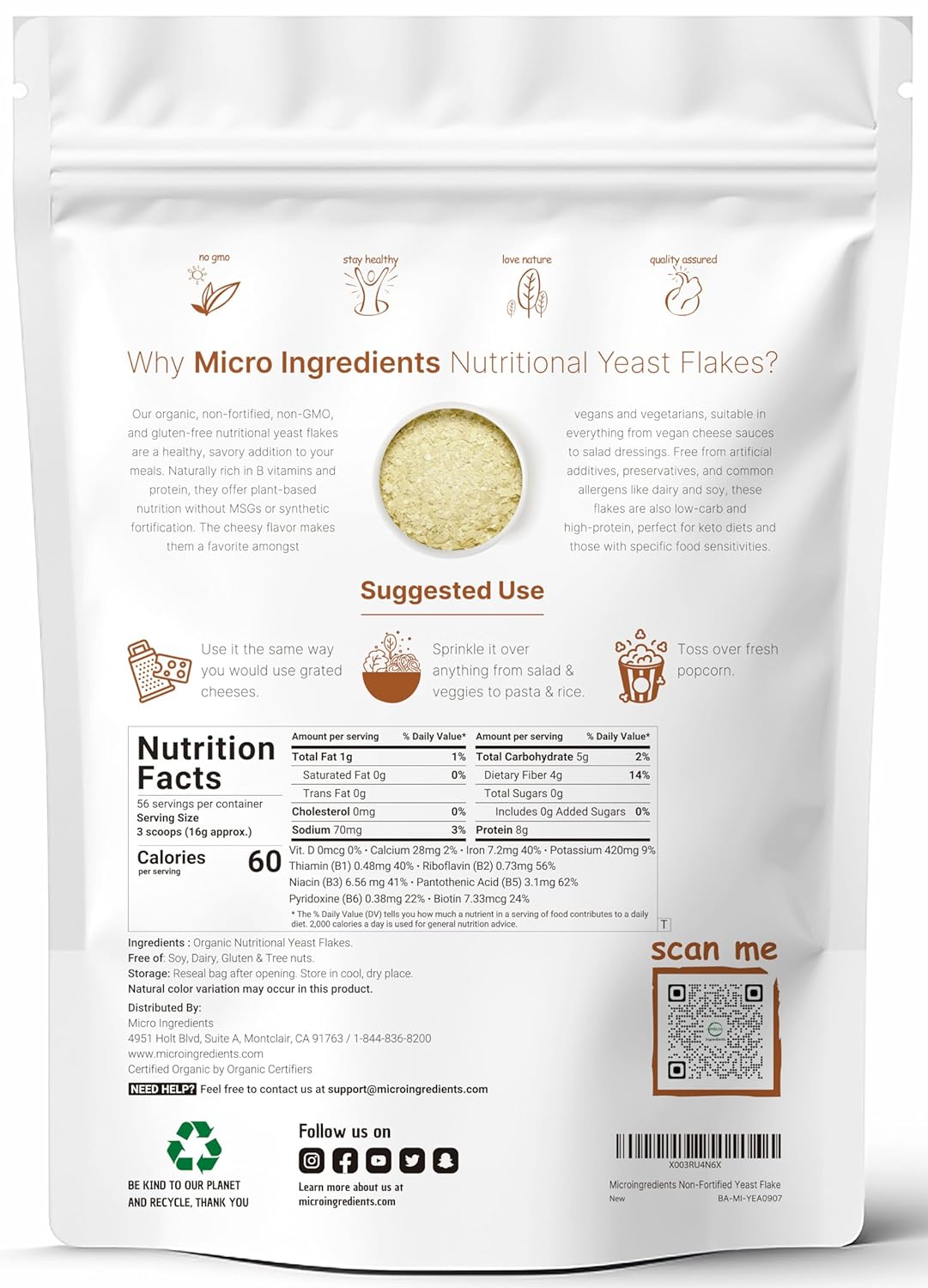 2lb Organic Non-Fortified Nutritional Yeast Flakes - Vegan Protein, B Vitamins, Beta-glucans - Dairy Free Cheese Substitute - Keto, Non-GMO, Gluten Free