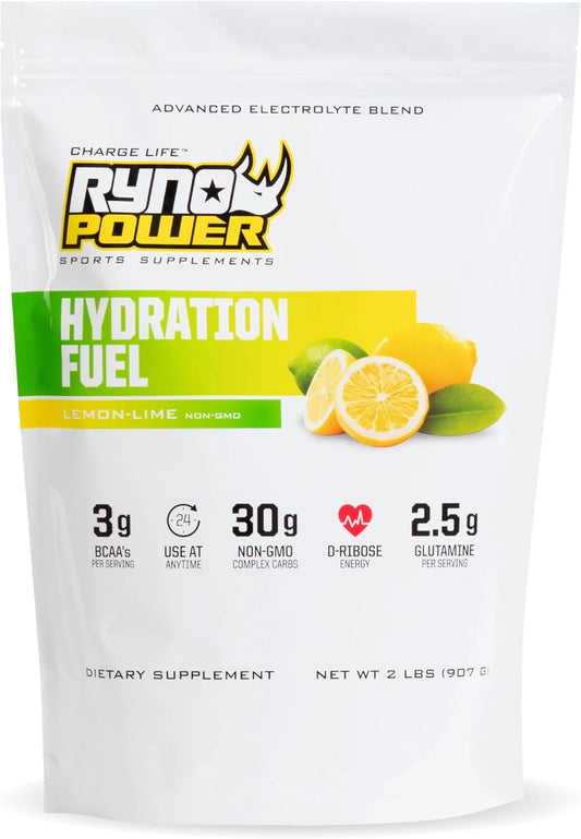 2lb Ryno Power Hydration Fuel Electrolyte Drink Mix: Lemon Lime Flavor, Gluten Free, BCAA's, Sustained Energy & Muscle Recovery - 20 Servings