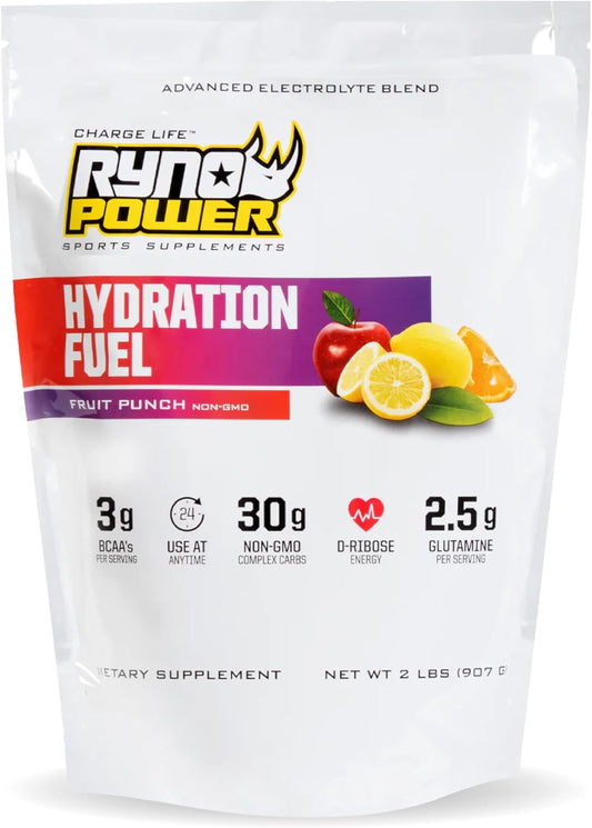 2lb Ryno Power Hydration Fuel Electrolyte Drink Mix - Fruit Punch Flavor with BCAA's for Sustained Energy and Muscle Recovery - Gluten Free Formula (20 Servings)