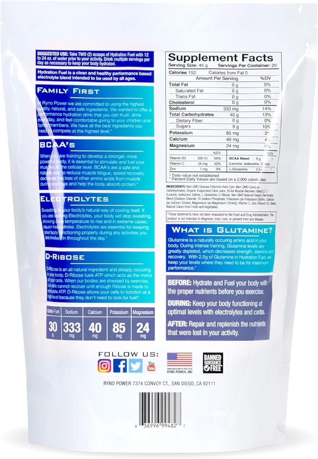 2lb Ryno Power Hydration Fuel Electrolyte Drink Mix - Fruit Punch Flavor with BCAA's for Sustained Energy and Muscle Recovery - Gluten Free Formula (20 Servings)
