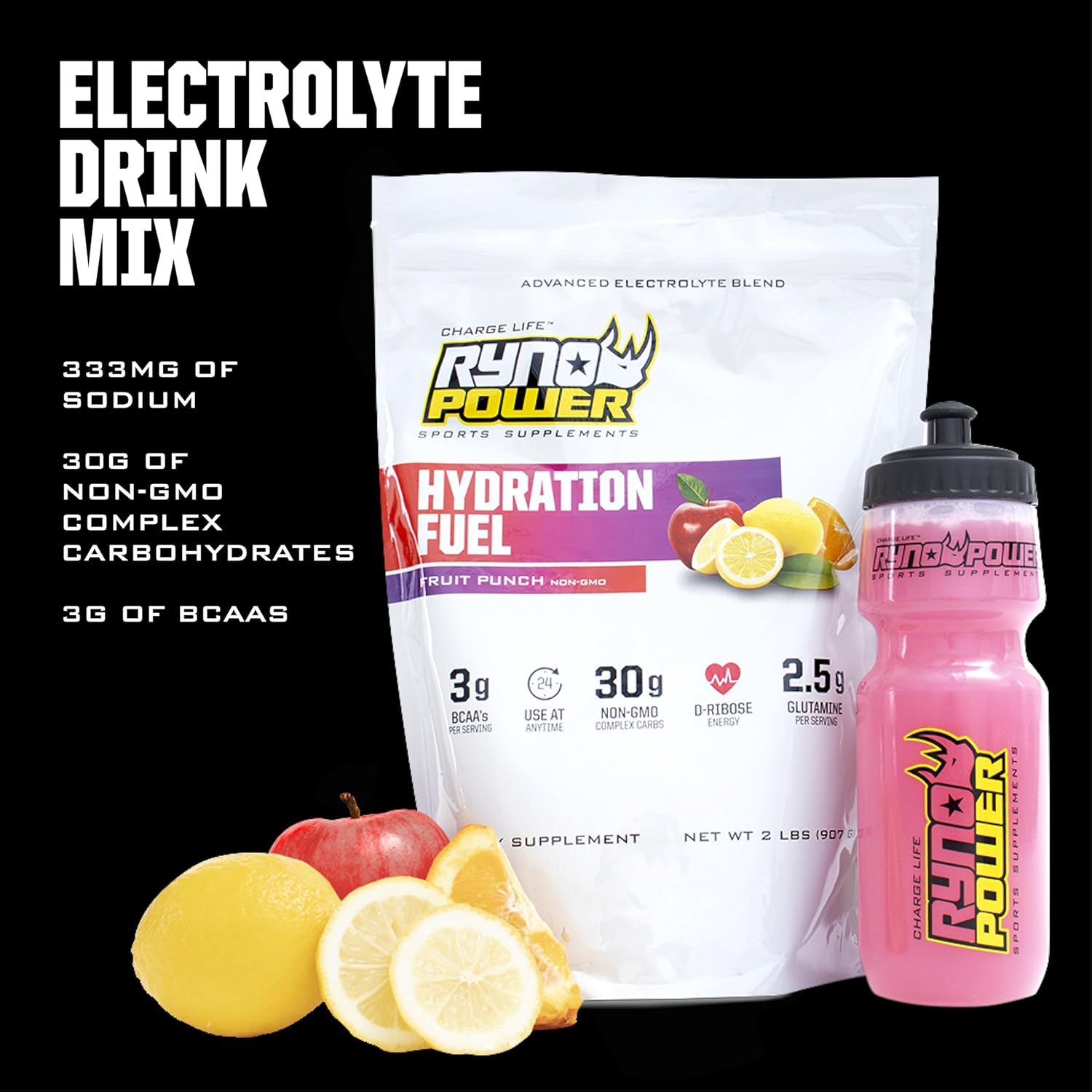 2lb Ryno Power Hydration Fuel Electrolyte Drink Mix - Fruit Punch Flavor with BCAA's for Sustained Energy and Muscle Recovery - Gluten Free Formula (20 Servings)